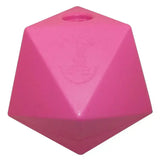 Bright pink polyurethane prostable oddball large dog toy shaped like a multi sided treat feeder with 5cm diameter hole