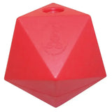 Bright red plastic prostable oddball large dog toy shaped like a multi-sided treat feeder with 5cm diameter hole