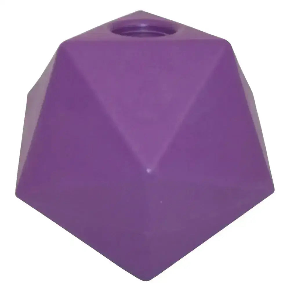 Purple faceted plastic prostable oddball large dog toy shaped like dodecahedron with 5cm diameter hole multi-sided treat feeder