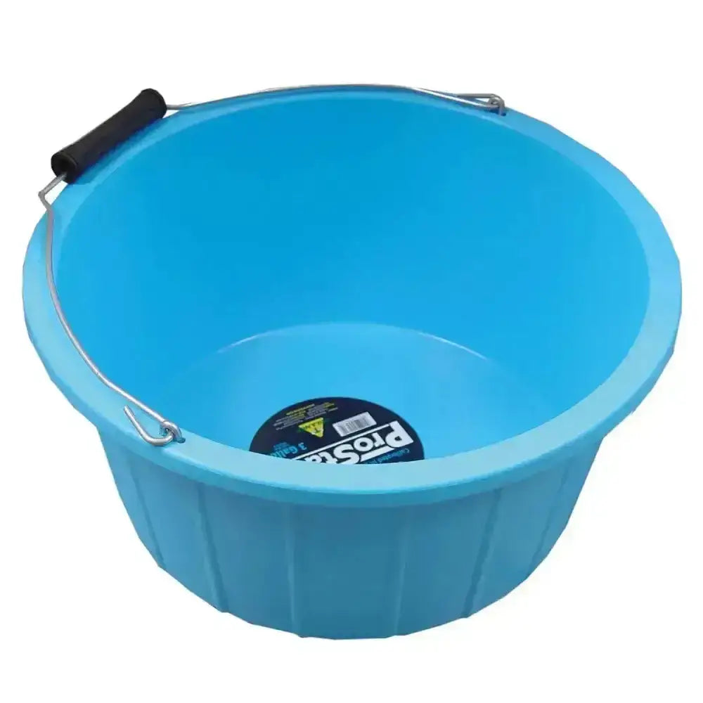 Bright blue prostable shallow bucket with black rubber grip handle and metal wire frame low sided bucket ideal for use