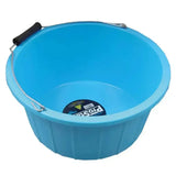 Bright blue prostable shallow bucket with black rubber grip handle and metal wire frame low sided bucket ideal for use