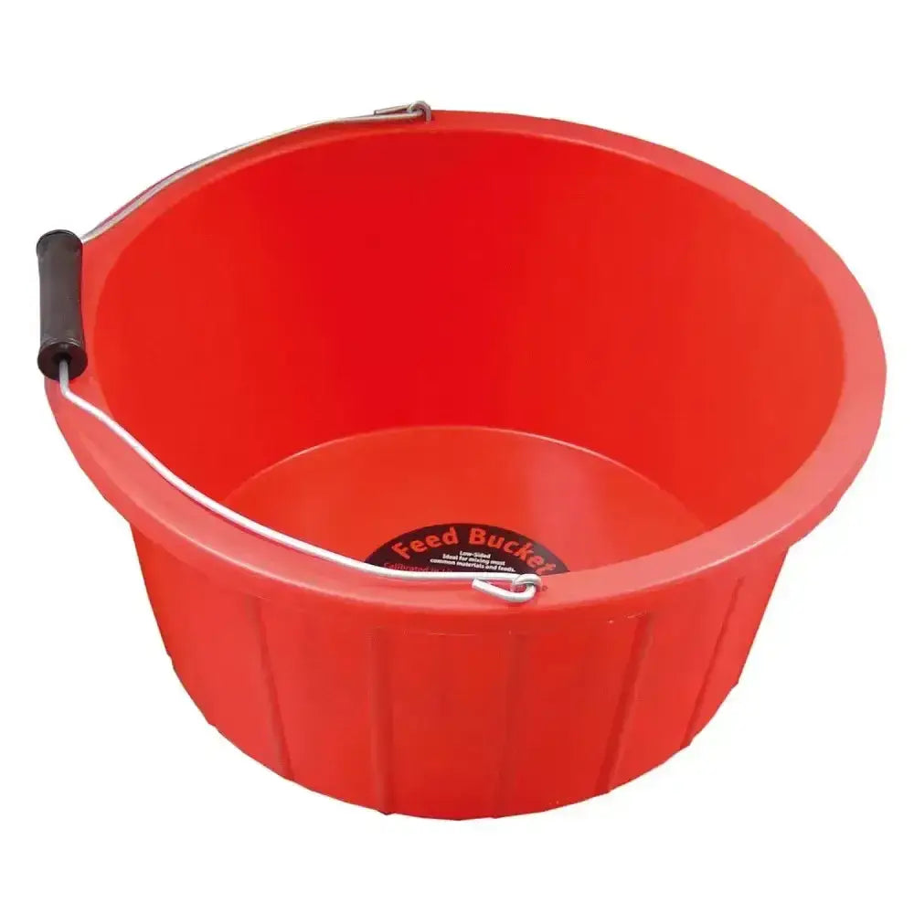Red plastic prostable shallow bucket with black grip handle and white wire bail low sided bucket ideal for feed