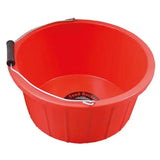 Red plastic prostable shallow bucket with black grip handle and white wire bail low sided bucket ideal for feed