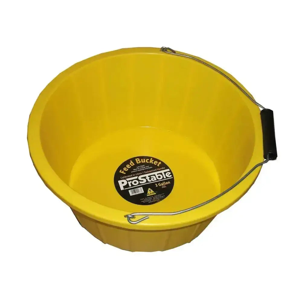 Bright yellow prostable shallow bucket with black metal wire handle low sided bucket ideal for feeding cattle