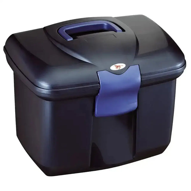 Black polypropylene protack grooming box large with purple handle and latch for horse grooming storage