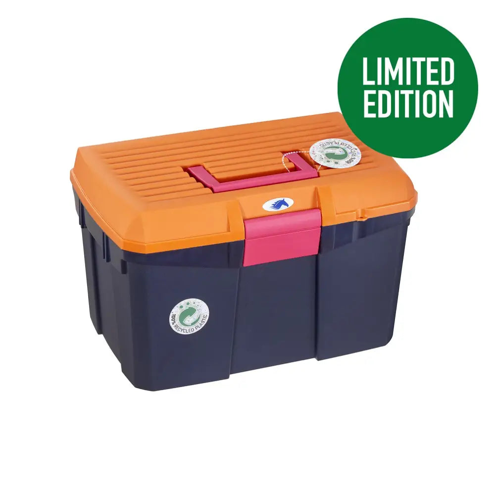 Bright orange and navy blue protack grooming box medium with pink handle accents made of durable plastic for horse tack storage