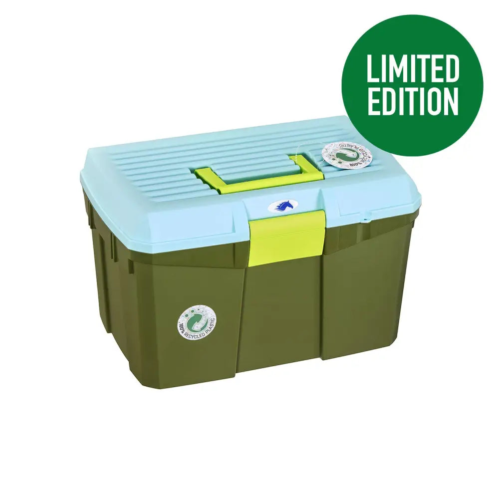 Protack grooming box medium plastic toolbox in olive green and light blue with lime green handle accents