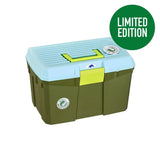 Protack grooming box medium plastic toolbox in olive green and light blue with lime green handle accents