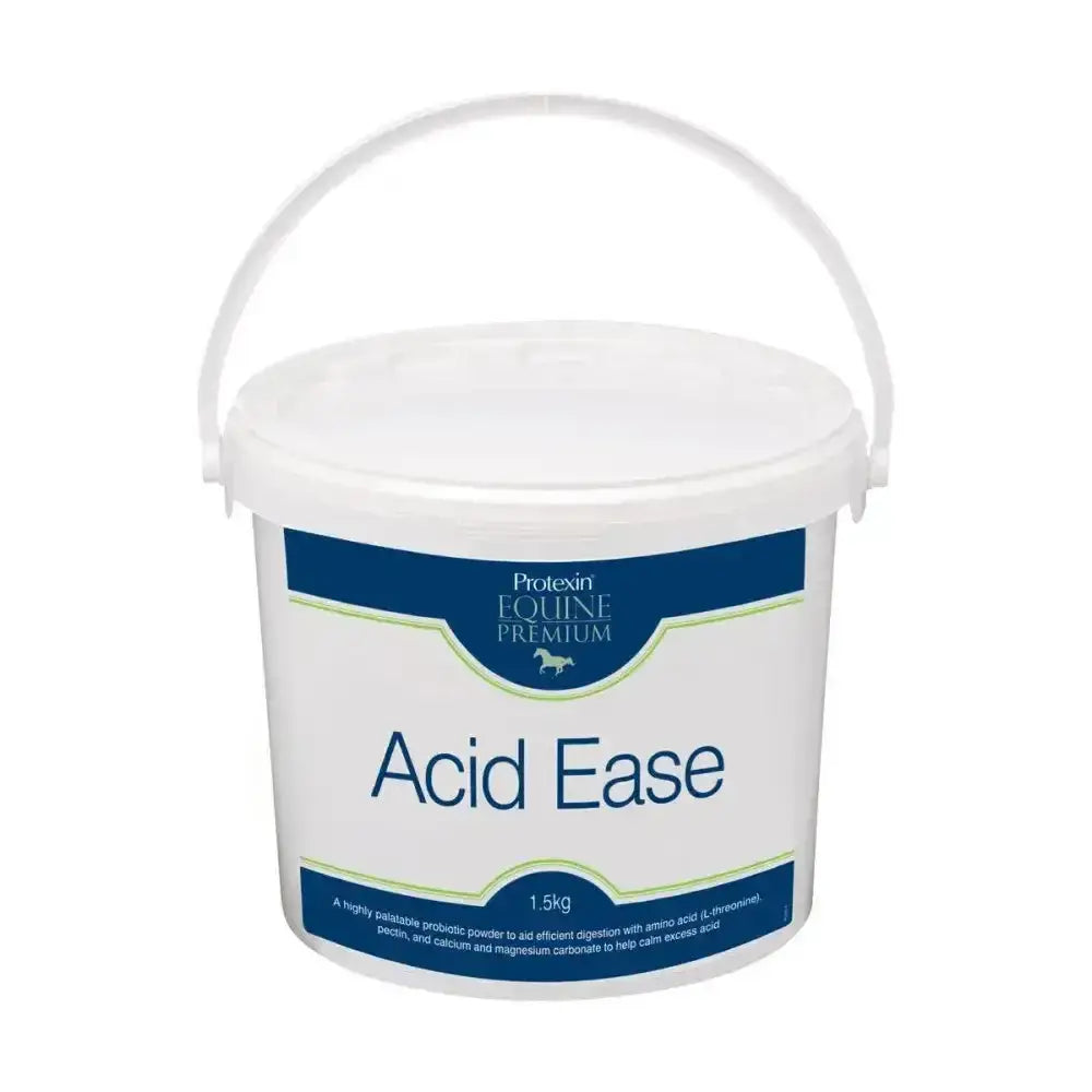 White plastic bucket of protexin acid ease soft fibre pellet for easy palatable soft fibre feed for horses