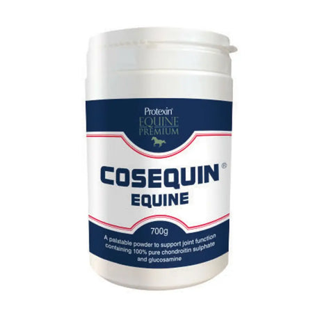 White cylindrical container of protexin cosequin equine powder 700g to maintain joint health in horses