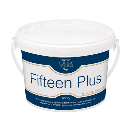 White plastic bucket with blue label for protexin fifteen plus veteran horse supplements supporting gut health in older horses