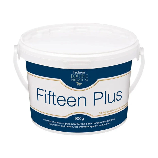 White plastic bucket with blue label for protexin fifteen plus veteran horse supplements supporting gut health in older horses