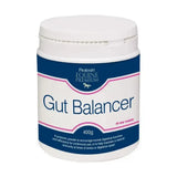 White plastic container with blue and pink label of protexin gut balancer featuring palatable grass meal to encourage normal digestive health