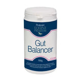 White plastic container of protexin gut balancer probiotic powder for horses with palatable grass meal to encourage normal digestive health