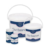 White plastic buckets and jars of protexin gut balancer with blue pink labels feature horse silhouette for normal digestion
