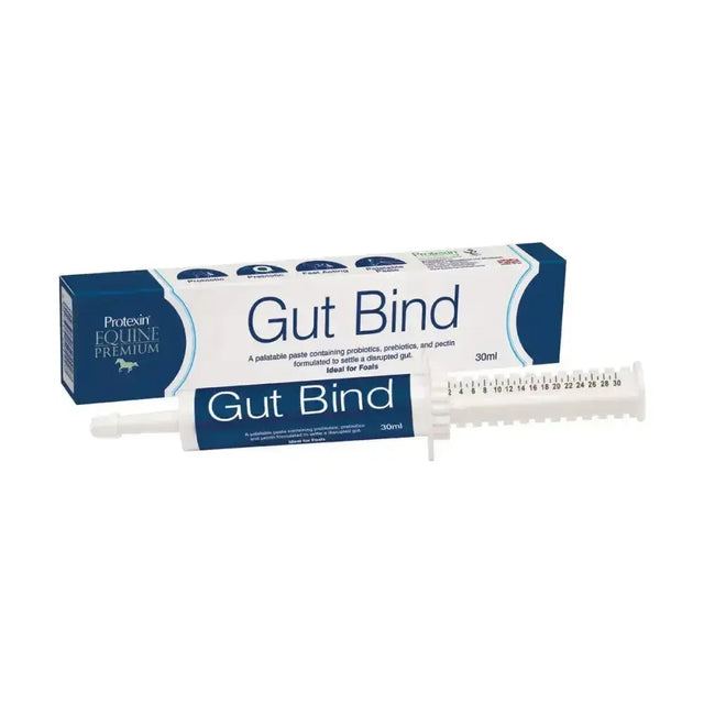 White and blue tube of Protexin Gut Bind horse digestive supplement with measurement markings for foal’s disrupted gut health