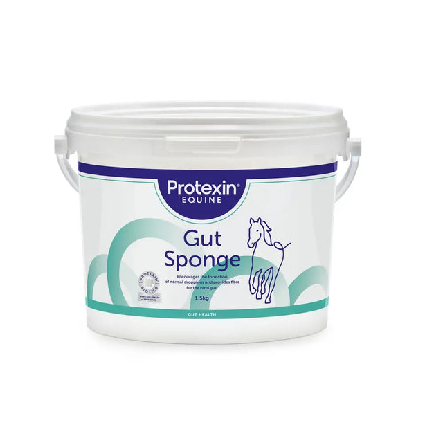 White plastic bucket with teal and navy blue protexin gut sponge label for hind gut health with psyllium husks