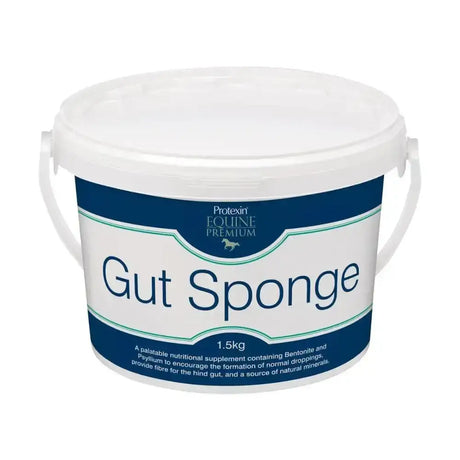 White plastic bucket with blue and white protexin equine premium label containing premium gut sponge palatable nutritional supplement for horses