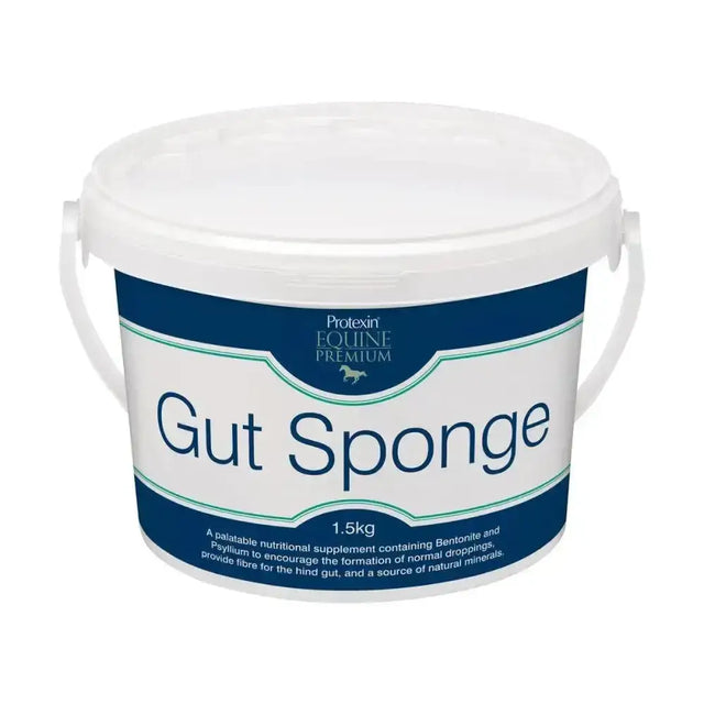 White plastic bucket with blue and white protexin equine premium label containing premium gut sponge palatable nutritional supplement for horses