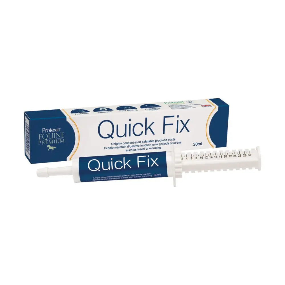 A white and blue syringe-style tube of protexin quick fix highly concentrated probiotic paste for horses gut microflora