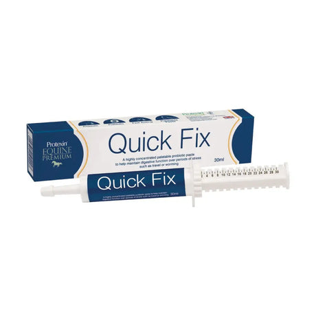 A white and blue syringe-style tube of protexin quick fix highly concentrated probiotic paste for horses gut microflora