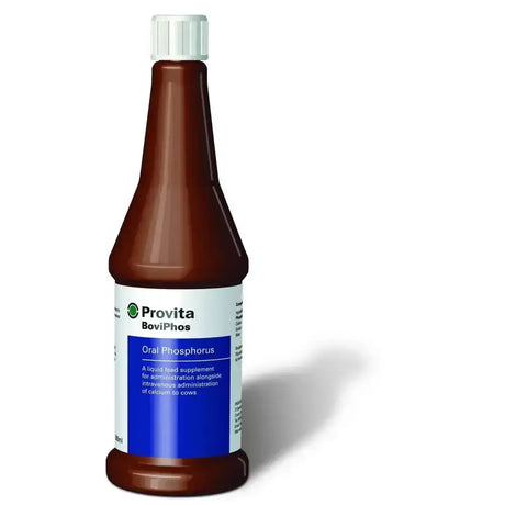Brown plastic bottle with white cap and blue white label for provita boviphos oral phosphorous preparation for recumbent cows