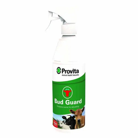 White plastic spray bottle with green provita bud guard label showing cows for antibiotic free post debudding care