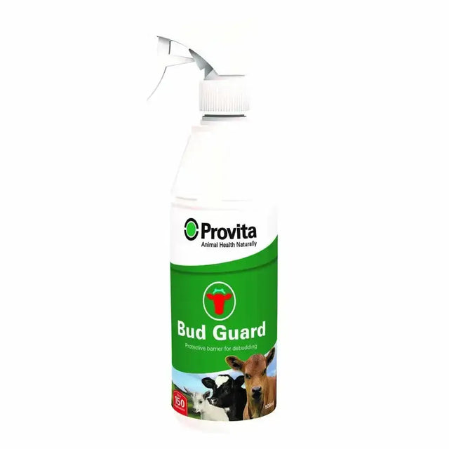 White plastic spray bottle with green provita bud guard label showing cows for antibiotic free post debudding care