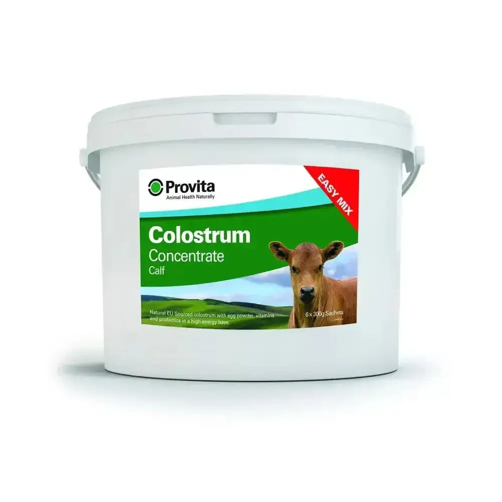 White plastic bucket of provita calf colostrum concentrate with green and red label featuring a brown calf natural eu sourced nutritional energy source