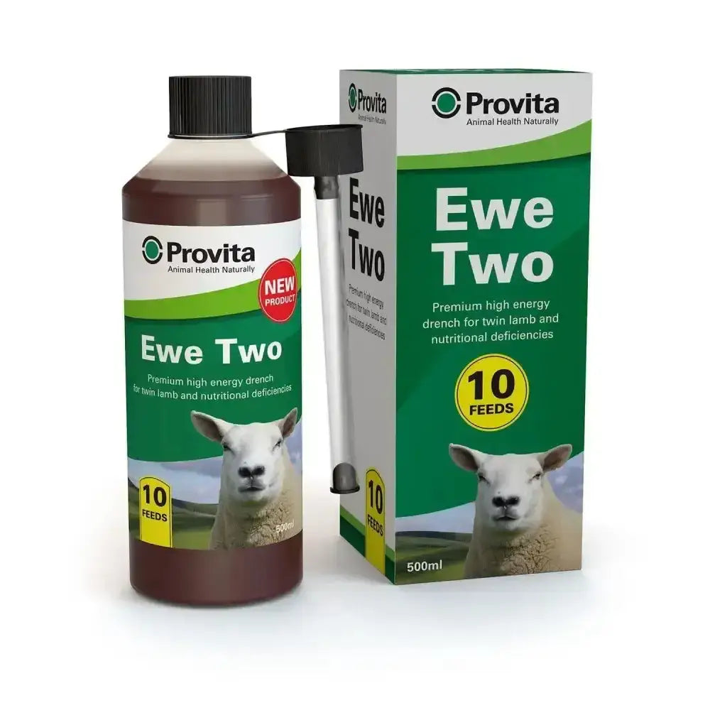 Provita ewe two 500ml brown liquid in clear plastic bottle with black cap and green label next to its branded box for suspected twin lamb
