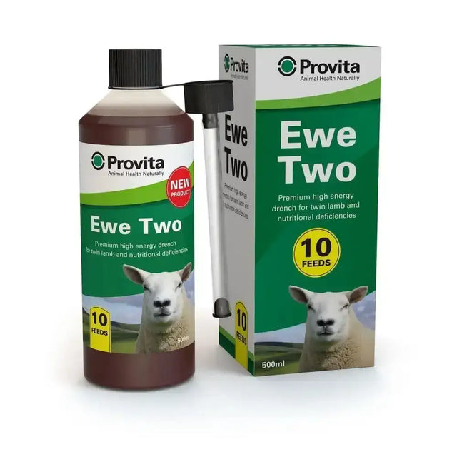 Provita ewe two 500ml brown liquid in clear plastic bottle with black cap and green label next to its branded box for suspected twin lamb