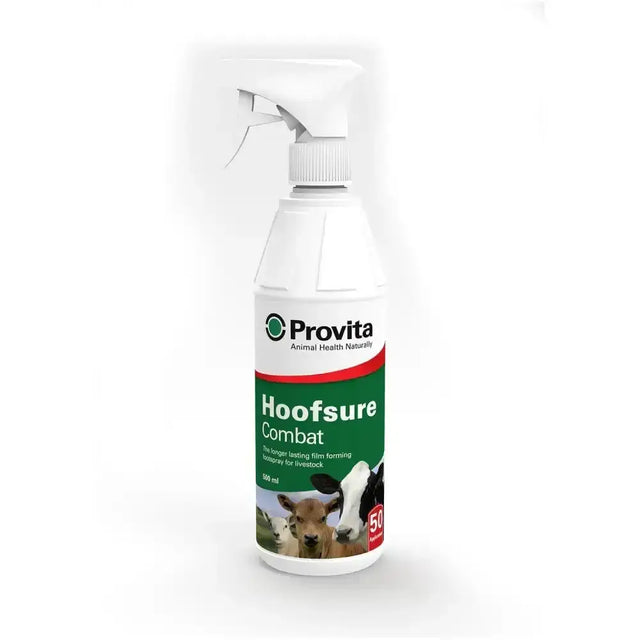 White plastic spray bottle of provita hoofsure combat with green and red label featuring unique film-forming spray and tea tree oil
