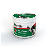 Provita hoofsure konquest tea tree oil gel in a white jar with green and red cow label for potent penetrating action