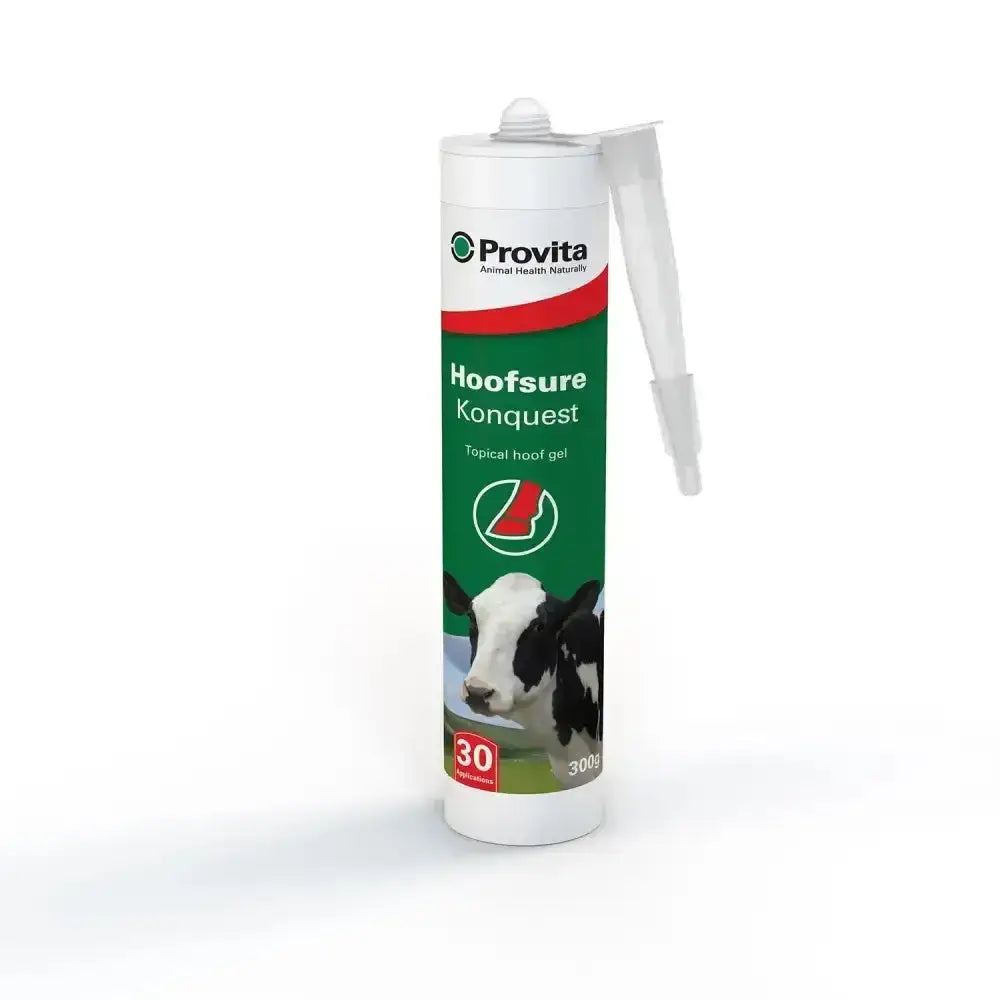 Provita hoofsure konquest topical hoof gel in white tube with green and red label featuring a black and white cow uses potent penetrating action tea tree oil gel