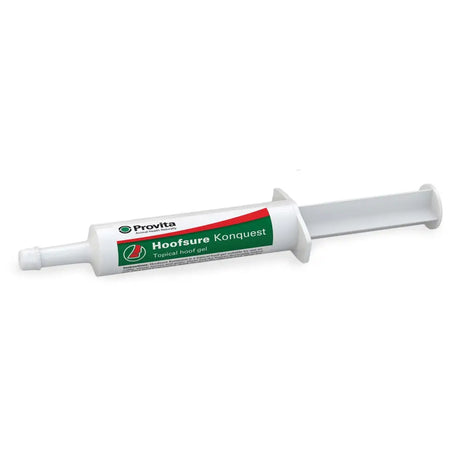 White plastic tube of provita hoofsure konquest gel topical hoof gel for hoof care and protection