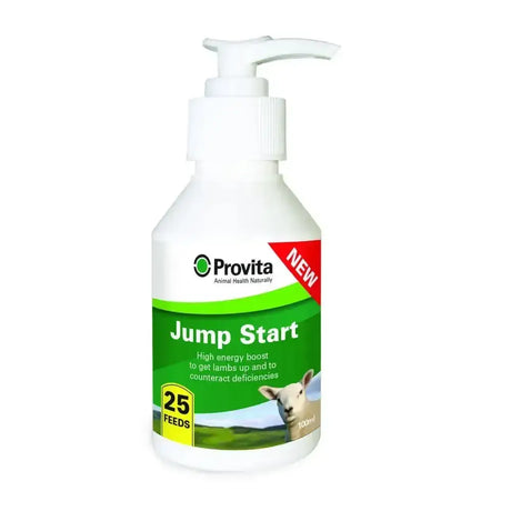 White plastic bottle with green label and white pump of provita jump start to boost newborn lambs nutrition
