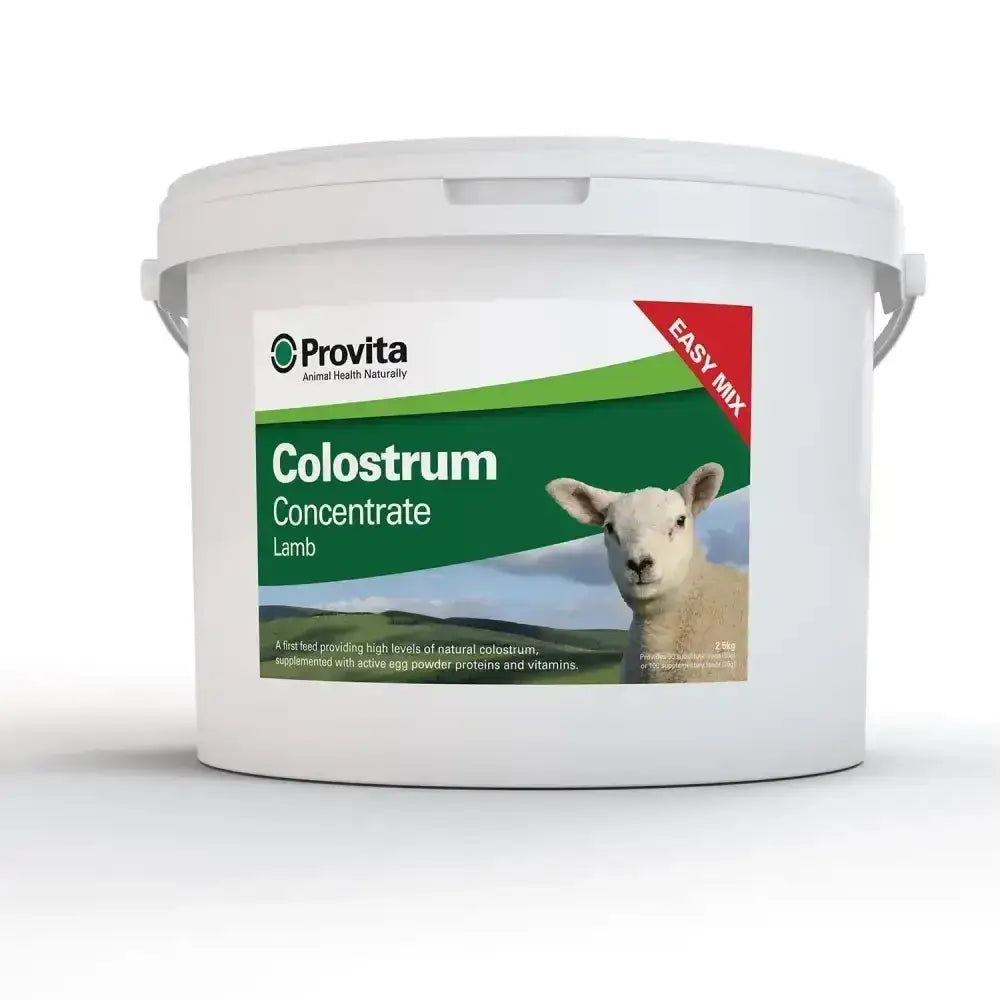 White plastic bucket of provita lamb colostrum concentrate with green label featuring lamb image for newborn lambs