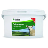 White plastic bucket of provita lamb colostrum concentrate with green and red label for newborn lambs sourced dried colostrum