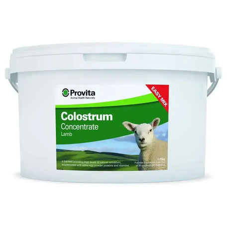 White plastic bucket of provita lamb colostrum concentrate with green and red label for newborn lambs sourced dried colostrum