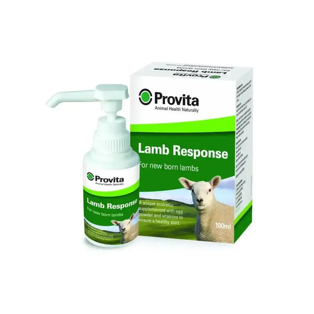 White plastic pump bottle with green label and white cap provita lamb response with beneficial bacteria to kick start newborns