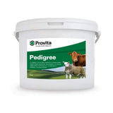 White plastic bucket of provita pedigree natural feed additive with green and white label showing cow and sheep images