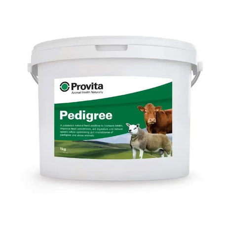 White plastic bucket of provita pedigree palatable natural feed with green label showing cow and sheep images