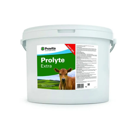 White plastic bucket of provita prolyte extra oral powder electrolyte with green label and brown cow for re-establish beneficial bacteria