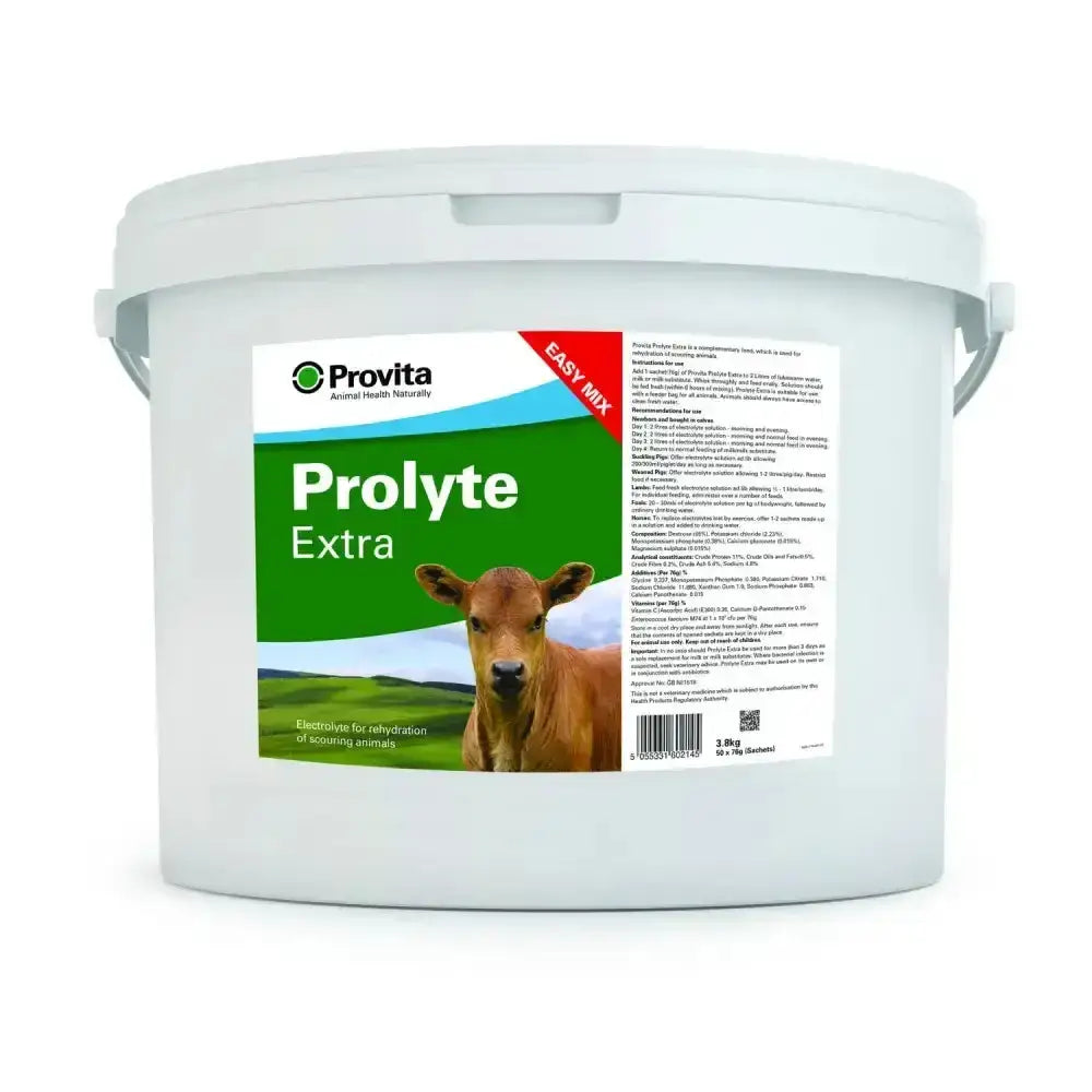 White plastic bucket of provita prolyte extra oral powder electrolyte for livestock to re-establish beneficial bacteria
