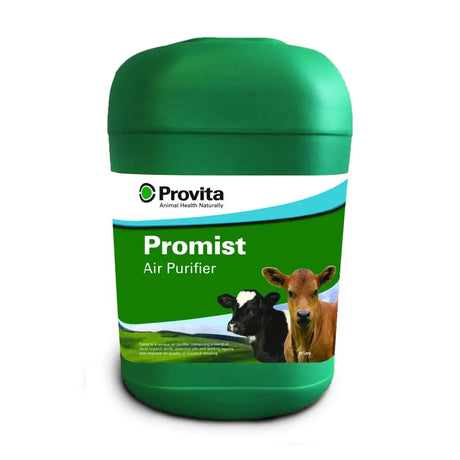 Green plastic container of provita promist unique air purifier with natural organic acids and essential oils label featuring cows