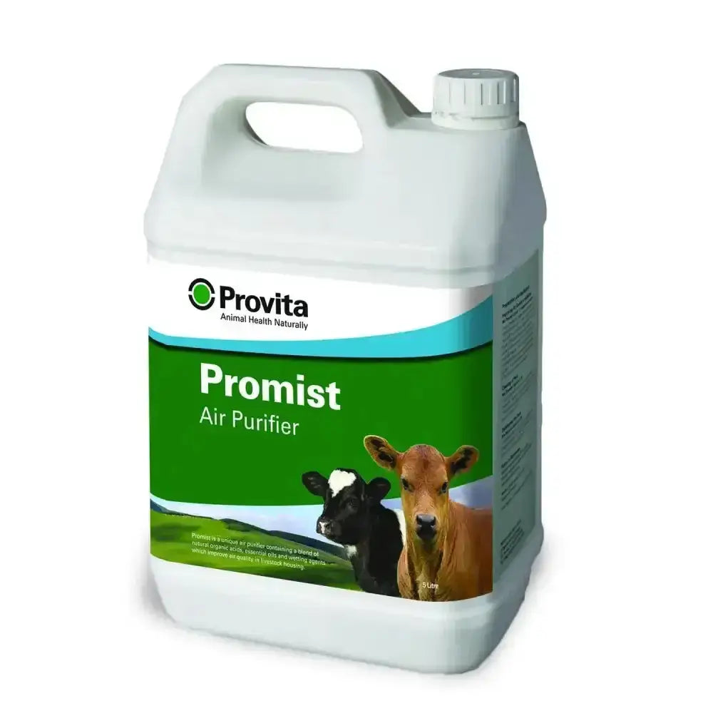 White plastic jug with green and white provita promist air purifier label featuring cows and natural organic acids