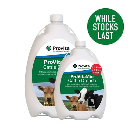 Two white plastic bottles of provita provitamin cattle promo pack ultra-concentrated oral drench with essential chelated minerals