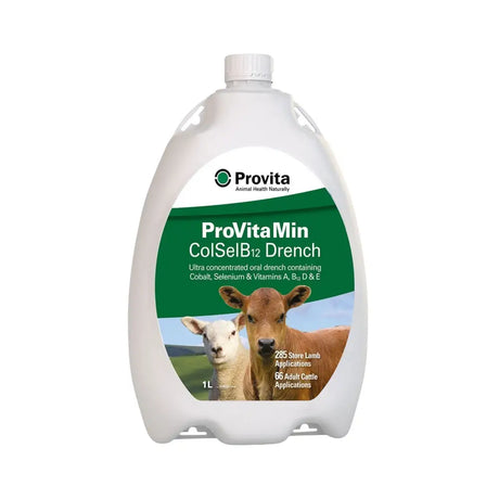 White plastic bottle of provita provitamin colselb12 ultra-concentrated oral drench with green label showing calf and lamb