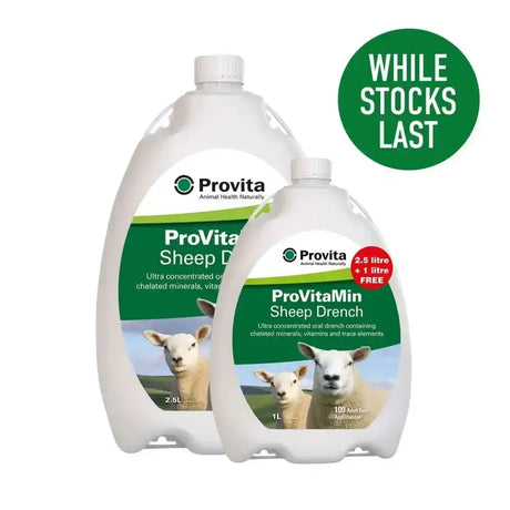 Two white plastic bottles of provita provitamin sheep ultra-concentrated oral drench in a sheep promo pack with green labels