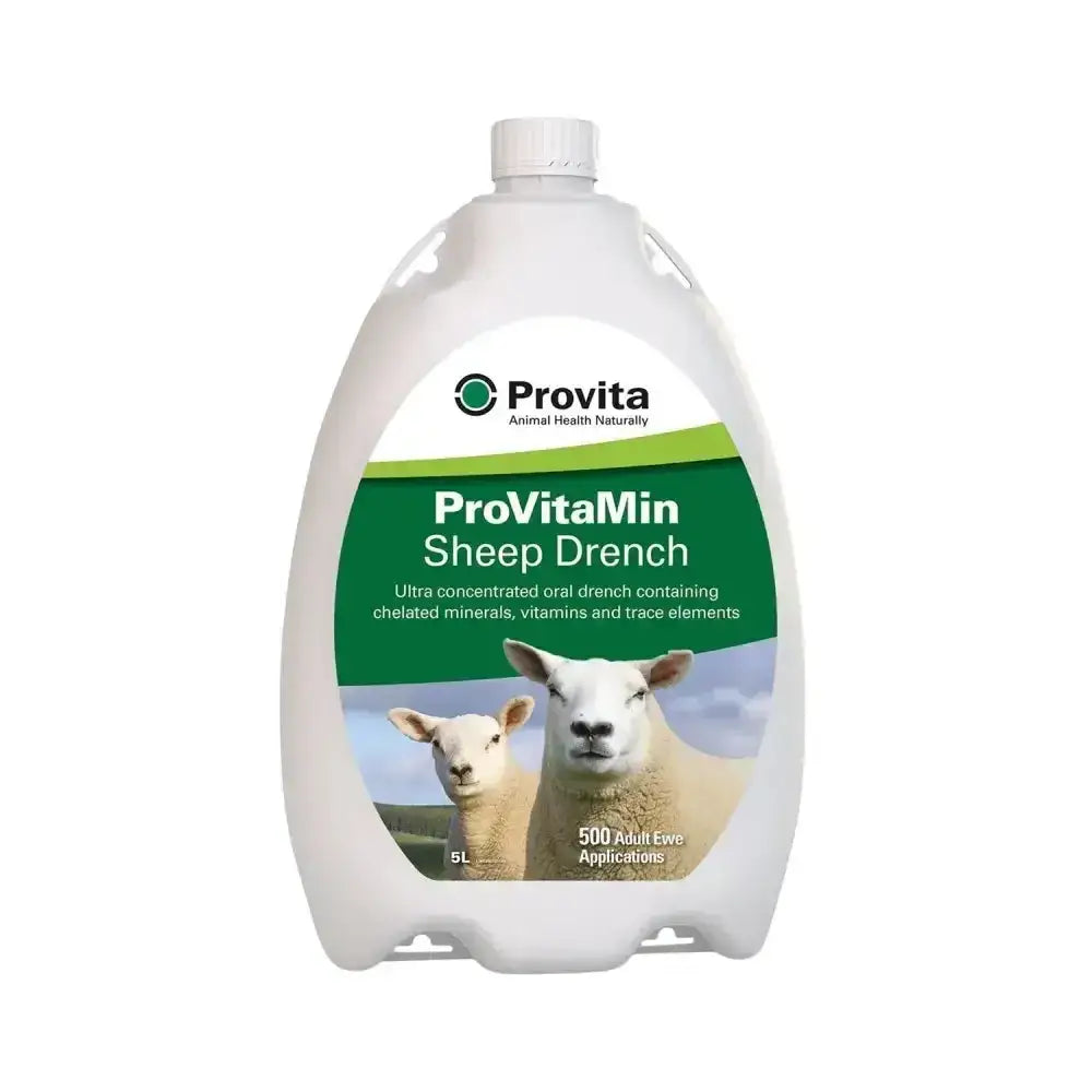 White plastic bottle of provita provitamin sheep ultra-concentrated oral drench with green label and broad-spectrum elements for 500 ewes